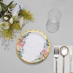 25 White Round Paper Plates Floral Design Gold Rim Party Events Home Tableware