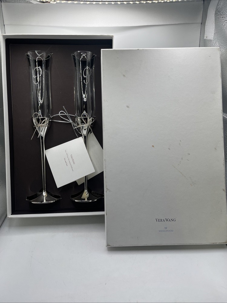 VERA WANG Wedgwood .999 Pure Silverplated Crystal LOVE KNOTS Toasting FLUTES