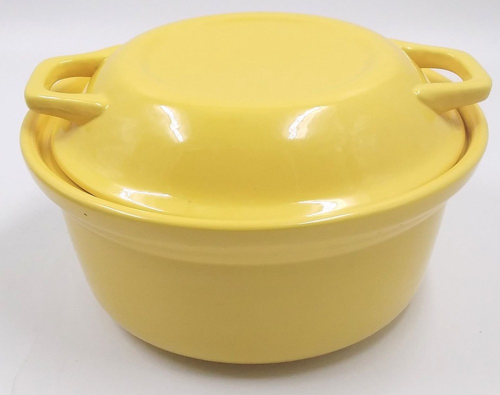 Yellow Stoneware Ceramic Pot with Lid + Handles Glossy Finish Heavyweight