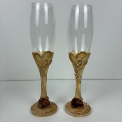 Wedding Toasting Set: 2 Gold Heart Champagne Flutes + Cake Topper + Boot Shots