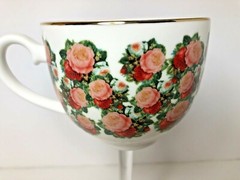 Floral Bone China Teacup Wine Glass Gold Trim Roses Petunia PAIR Wedding Shabby