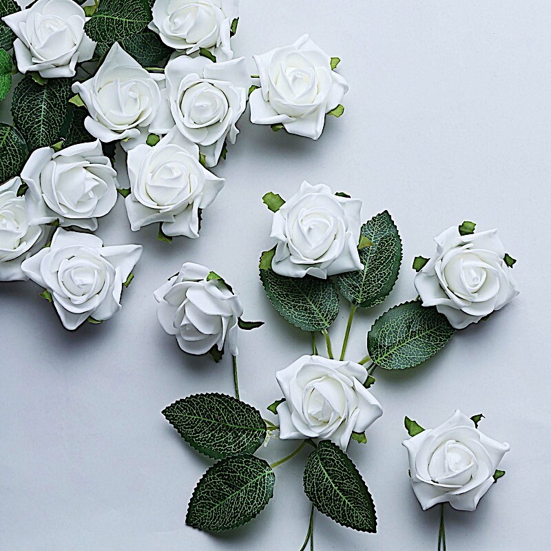 24 WHITE 2″ Mini FOAM ROSE Flowers Stems Wedding Events Decorations Supplies