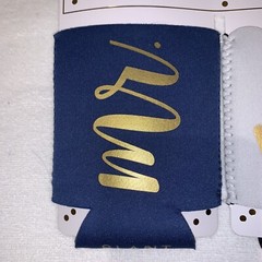 Mr. & Mrs. Koozies Wedding NEW Navy White, Gold Script – With Pocket!