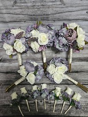12 Piece Wedding Bouquet Set, Purple, Ivory, Rose, Peony, Vintage Style Bouquets