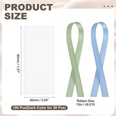 100Pack Blank Place Card with Blue & Green Ribbon, 3.54 x 1.57 Inch, White