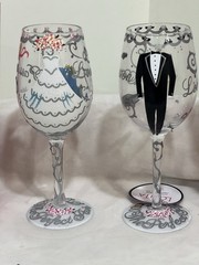 Lolita Hand-Painted Wedding Wine Glasses – Bride & Groom Pair w/ Original Boxes.