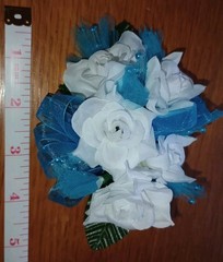 NEW 5″ Artificial White Rose Wrist Corsage Blue Bow, Tulle Tufts W/Pearls, Bout