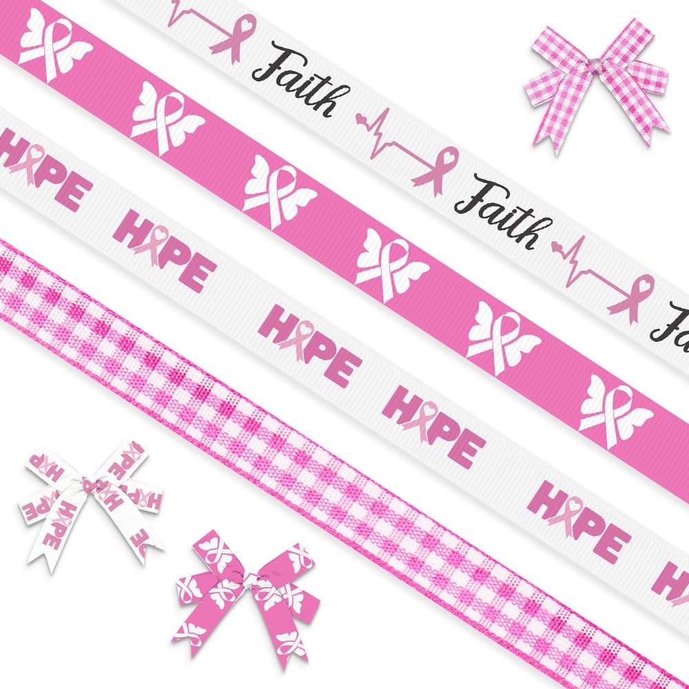 ABTOLS 4 Rolls 20 Yards Breast Cancer Awareness Ribbons, 3/8″ Pink 3/8″, HOPE