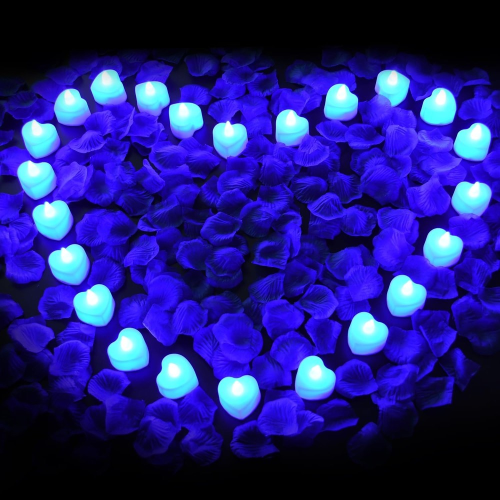 KOABY 2000pcs Blue Artificial Rose Petals with 24pcs Blue LED Tea Lights Kit, fo