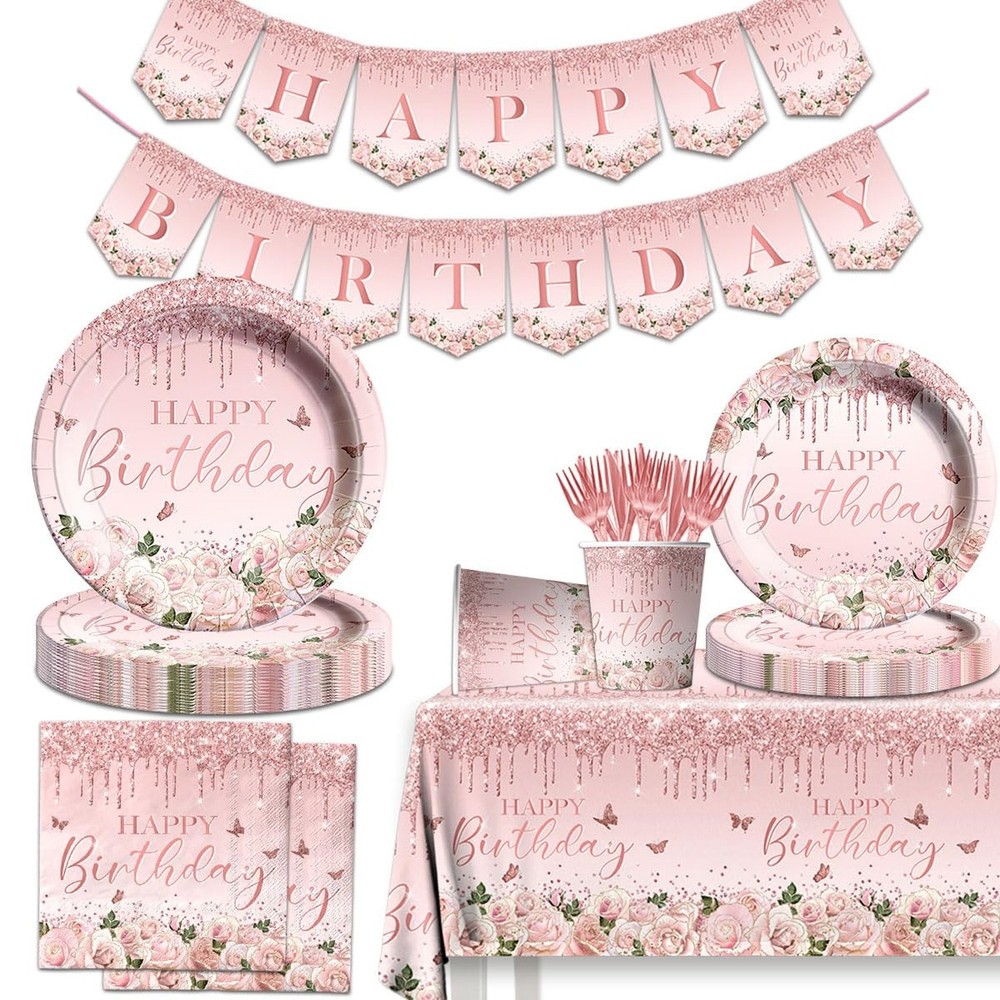 142Pcs Pink Rose Gold Birthday Party Supplies – Pink Birthday Party Tableware…