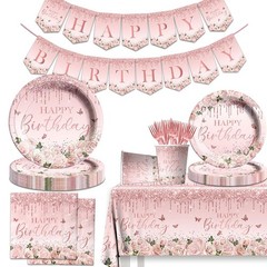 142Pcs Pink Rose Gold Birthday Party Supplies – Pink Birthday Party Tableware…