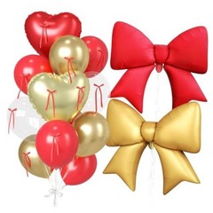 16Pcs Red and Gold Heart Balloons – 38″ Bow Balloons – Champagne Red Gold