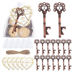 50Pcs Antique Alloy Bottle Opener with Organza Drawstring Pouches for Wedding