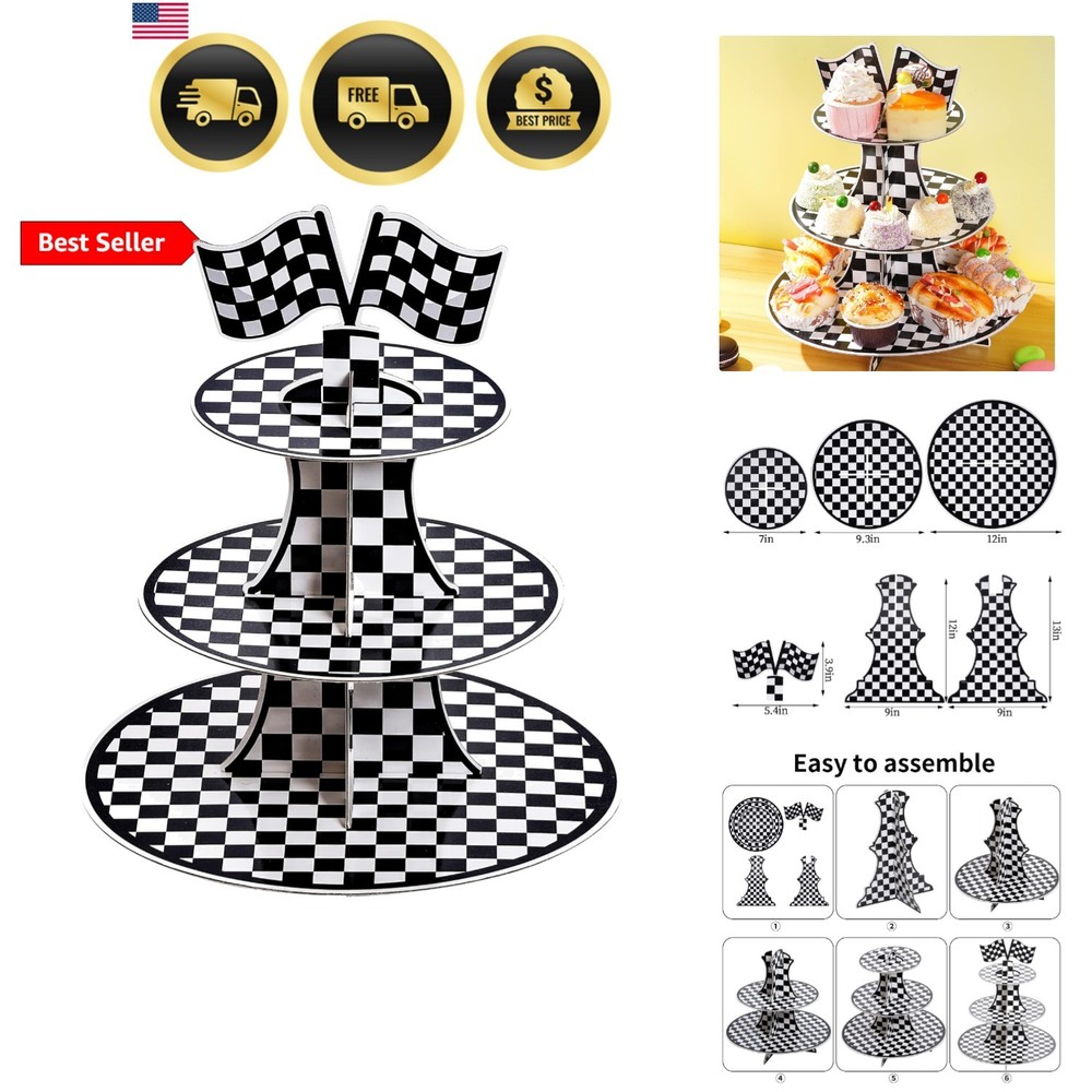 Racing Car 3 Tier Cupcake Stand Black White Checkered Dessert Display Tower