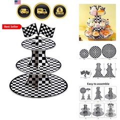 Racing Car 3 Tier Cupcake Stand Black White Checkered Dessert Display Tower