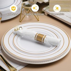 White and Plastic Dinnerware Set for 50 Guests, Disposable Party 350 PCS Gold