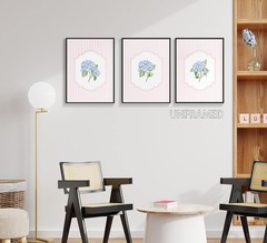 Blue Hydrangea Wall Art Pink Striped Rustic Farmhouse Floral Pictures Wall De…