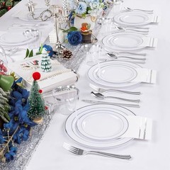 700PCS Silver Plastic Plates – Silver Plate Set 100Guest – Silver Rim