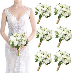 Artificial Bridesmaid Bouquets Set of 6 for Wedding – 7 Inch White Flowers Bouqu