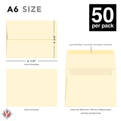 Cream A6 Envelopes, 4 3/4″ x 6 1/2″, Gummed Flap, 28lb Bond (105gsm), 50 Qty