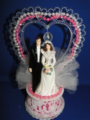 New Vintage Bride & groom black tux with pink beaded trim Wedding Cake Top #234