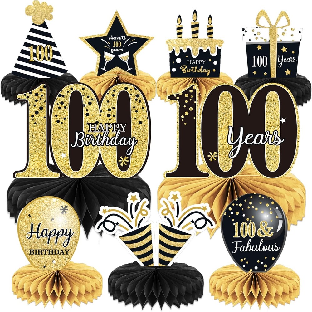 9 Pieces 100th Birthday decorations birthday Black, Gold, White, Pink
