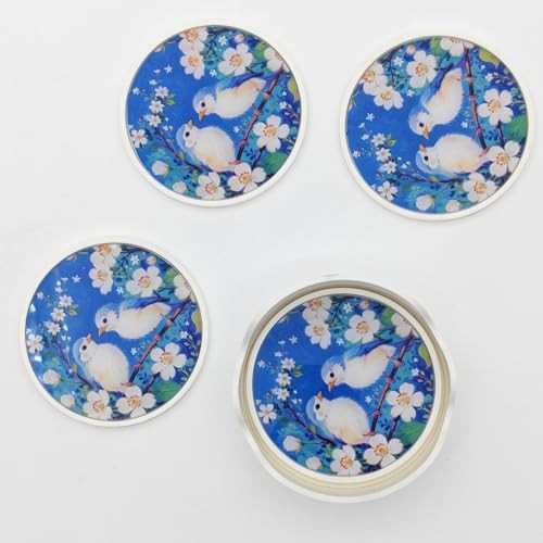 Round Glass Coaster Set, Birds and Floral Design, PVC and Glass, 4.33 Blue a