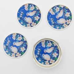 Round Glass Coaster Set, Birds and Floral Design, PVC and Glass, 4.33 Blue a