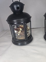 Set of 2 Black American Candle Lanterns Aluminum Metal And Glass With Candles