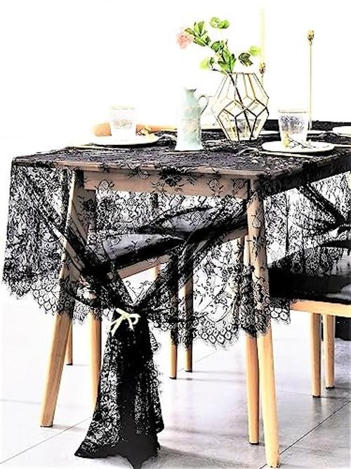 Lace Tablecloth Overlay Rose Vintage 120″ x 60″ (Rectangular) Black