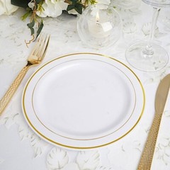 Plastic WHITE with Gold Rim 8″ PLATES Disposable Party Wedding WHOLESALE