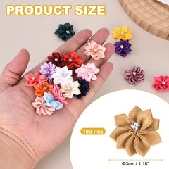 100 Pcs Ribbon Flowers, 1.2 in Fabric Flowers with Rhinestones, Bronze