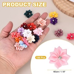 100Pcs Ribbon Flowers 1.2″ Fabric Flowers with Rhinestones Pink]