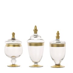3 pcs CLEAR GOLD TRIM Glass Apothecary Jars Containers with Lids Wedding Favors
