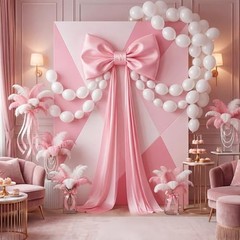 Giant Pink Bow with 100 Pcs White Link Balloons, 31 x 181 Inch Large Ice Silk