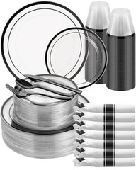 3Pcs Clear Disposable Plastic Party Plate Cup Napkin Sets | 50 Black