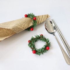 12Pcs Red Fruit Pine Needle Flower Napkin Rings Thanksgiving Christmas Party
