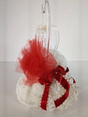 Vintage Lomey Wedding Anniversary Cake Topper Triple Heart Floral Red White 7.5″