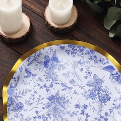 25 Round 10″ BLUE Paper Salad Plates Gold Wavy Rim Party Tableware Decorations