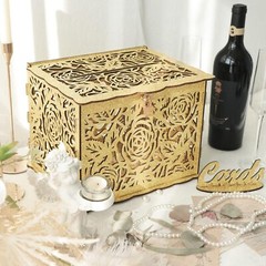 Glittery Gold Wedding Card Box with Lock Wooden Gift Card Box for Wedding Rec…