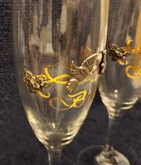Rawcliffe Bride & Groom Champagne Flutes Pewter Doves Flowers Ribbons Gold