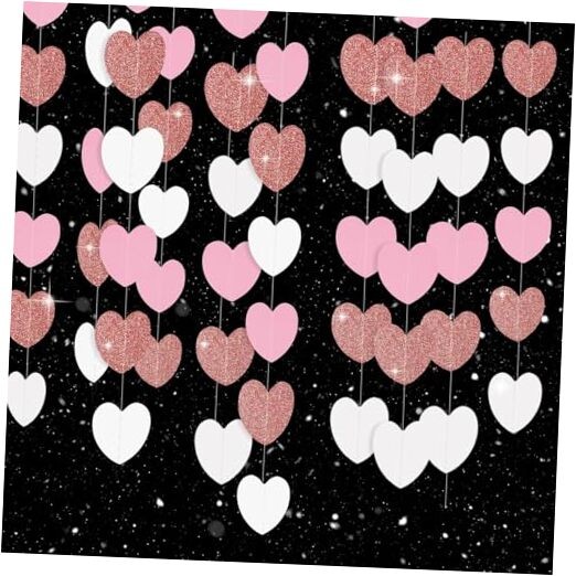 White Rose-Gold Pink Heart Garland Party Decor, 52 Heart Garland – Pink White