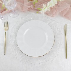 10 WHITE 9″ Round PLASTIC Salad Dinner PLATES Gold Wavy Rim Wedding Party