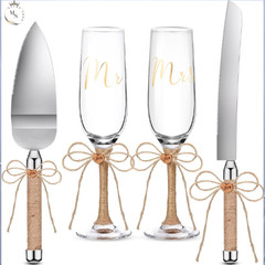 4 Pcs Wedding Cake Knife and Champagne Flutes Server Set For Bride