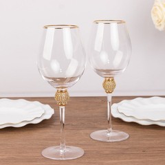 6 CLEAR Wine Goblet Glasses 16oz Gold Rimmed Design with Rhinestone Studded