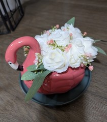 Wedding Centerpiece, Flamingo Table Decor with Bouquet of White Mini Roses