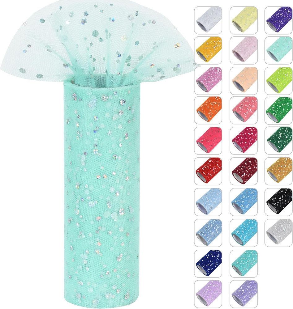 Mint Green Glitter Tulle Rolls 6 Inch by 10 Yards Sequin Tulle Fabric Ribbon for