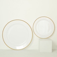 WHITE GOLD 10 Round 10″ Plastic Salad PLATES Beaded Rim Party Events Decorations