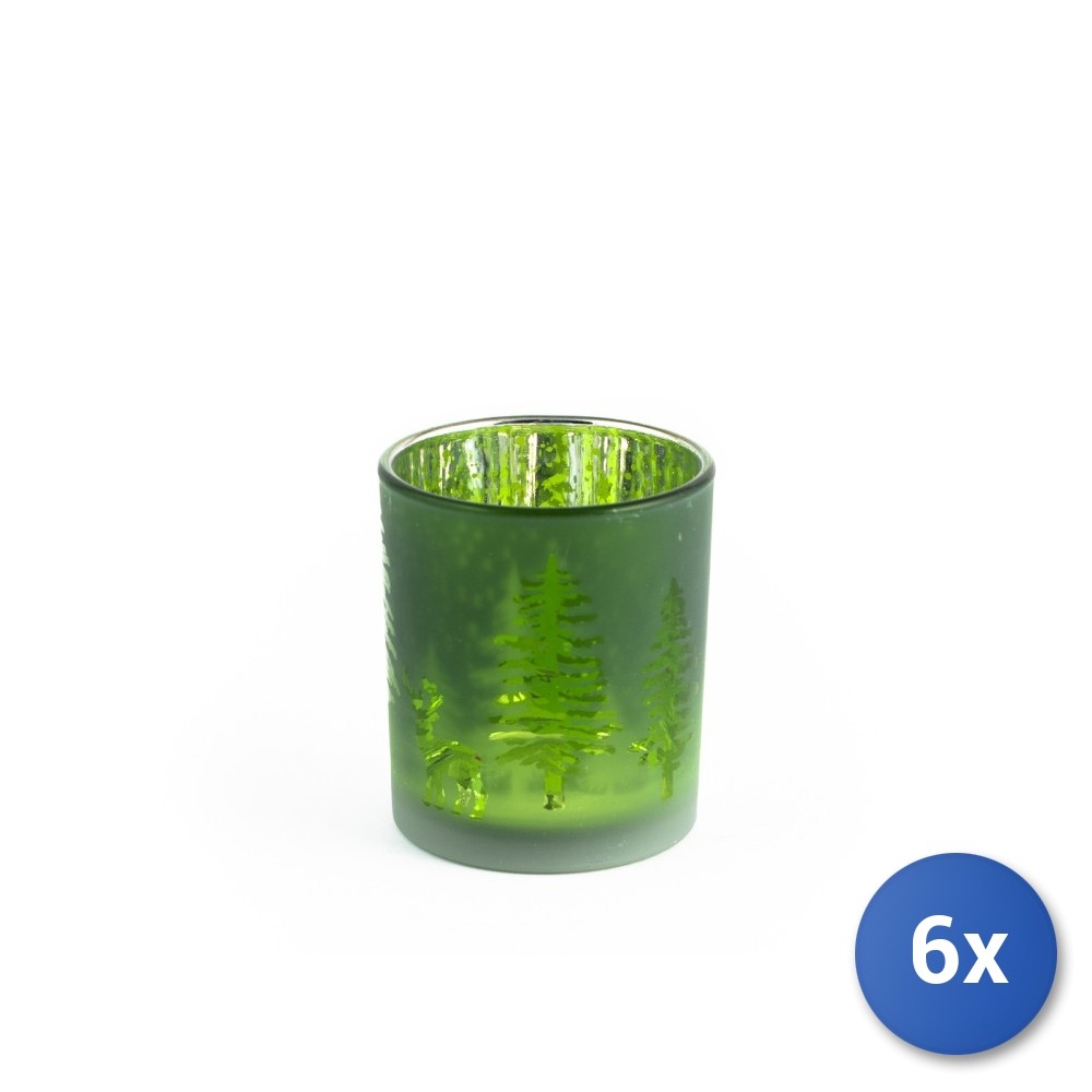 6x H&H Tealight Holder in Glass Green Forest Decoration 7×8 cm
