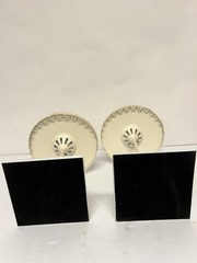 VTG Pair Metal Pedestal Display Stands Cream Lace Edge Wedding Cake Riser 8”